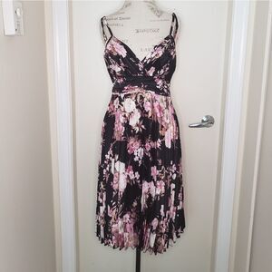 Pleated satin floral midi dress